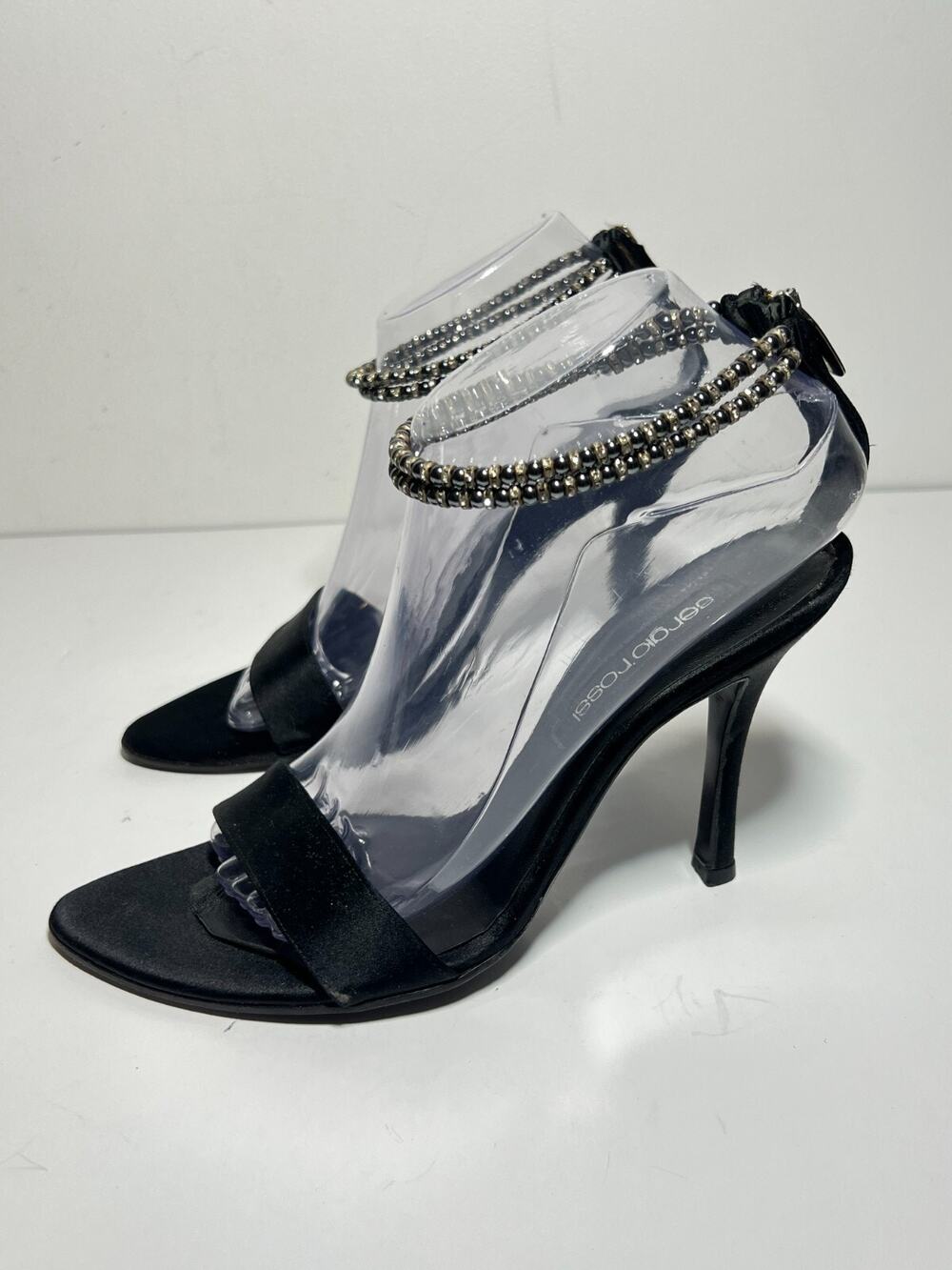 Sergio Rossi Black Satin Crystal Ankle Strap 4" Heel Sandal Shoe Pump 8.5 US